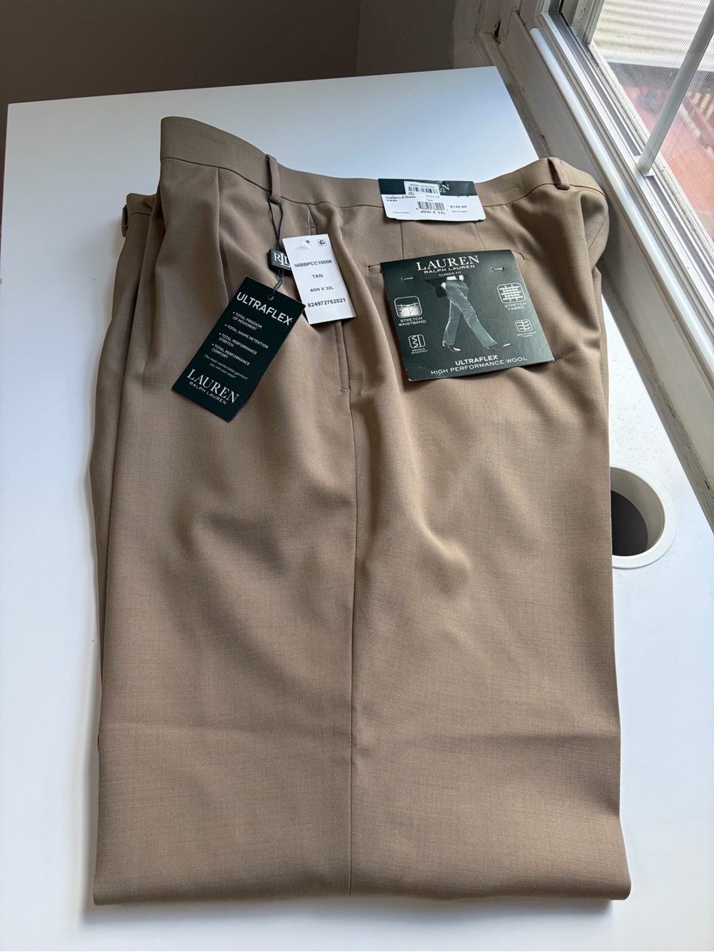 NWT Lauren Ralph Lauren Men’s Ultraflex Pleated Tan Wool Dress Pants 40W x 32L